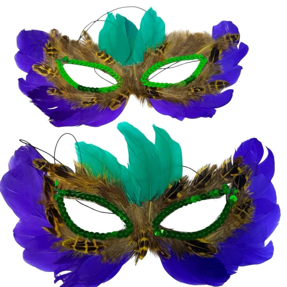 Purple/ Green‎ 2 Feather Masquerade Ball Mardi Gras Halloween Mask Costume A18G